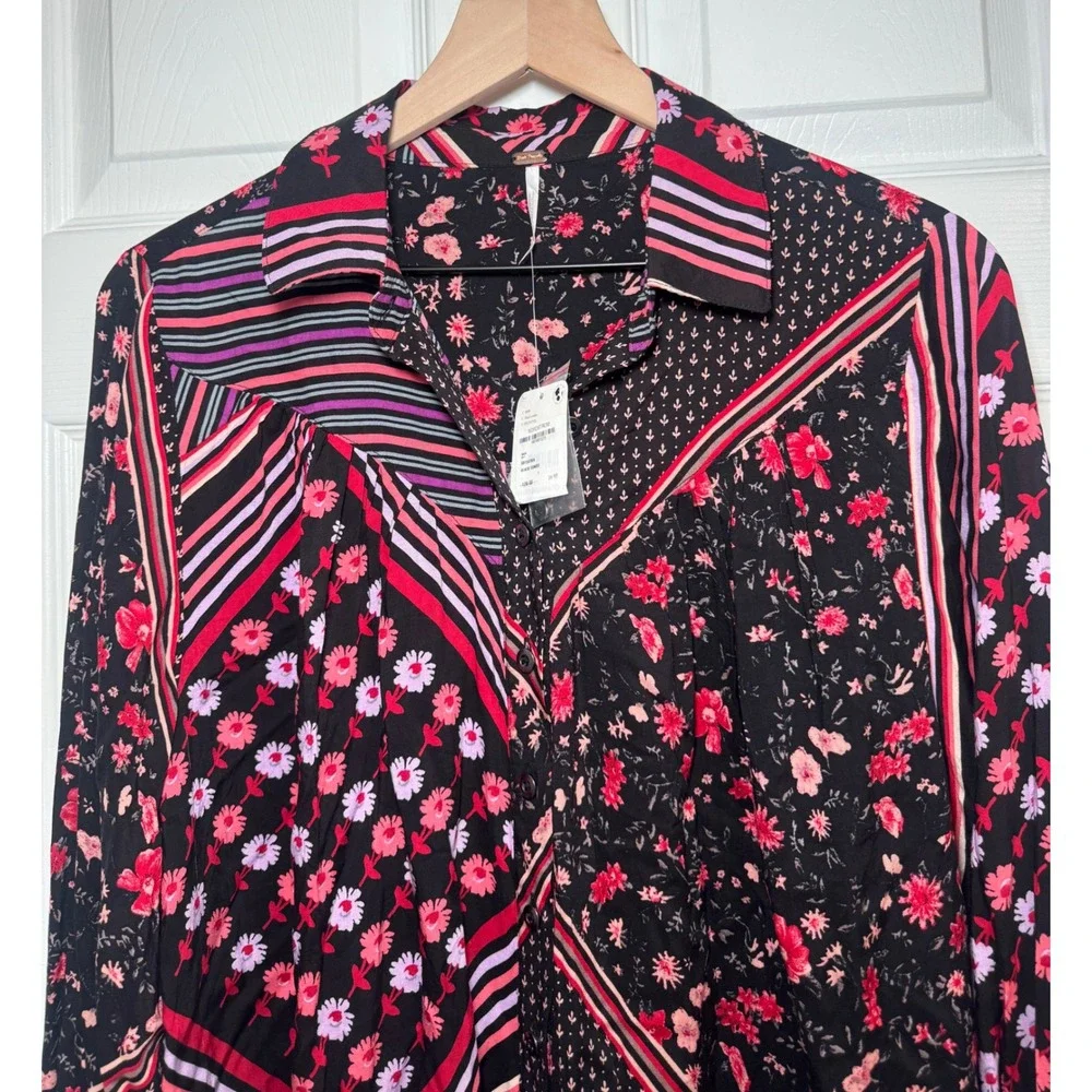 NWT Free People Hazel Womens Floral Stripe Mixed Print Button Down Blouse Small